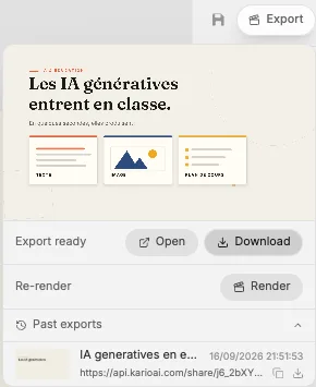 The export panel with Download, Open, Render and past exports